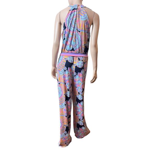 Trina Turk Halter Jumpsuit Milticolor Print Sleevless Size M Wide Leg Belted - Picture 2 of 13